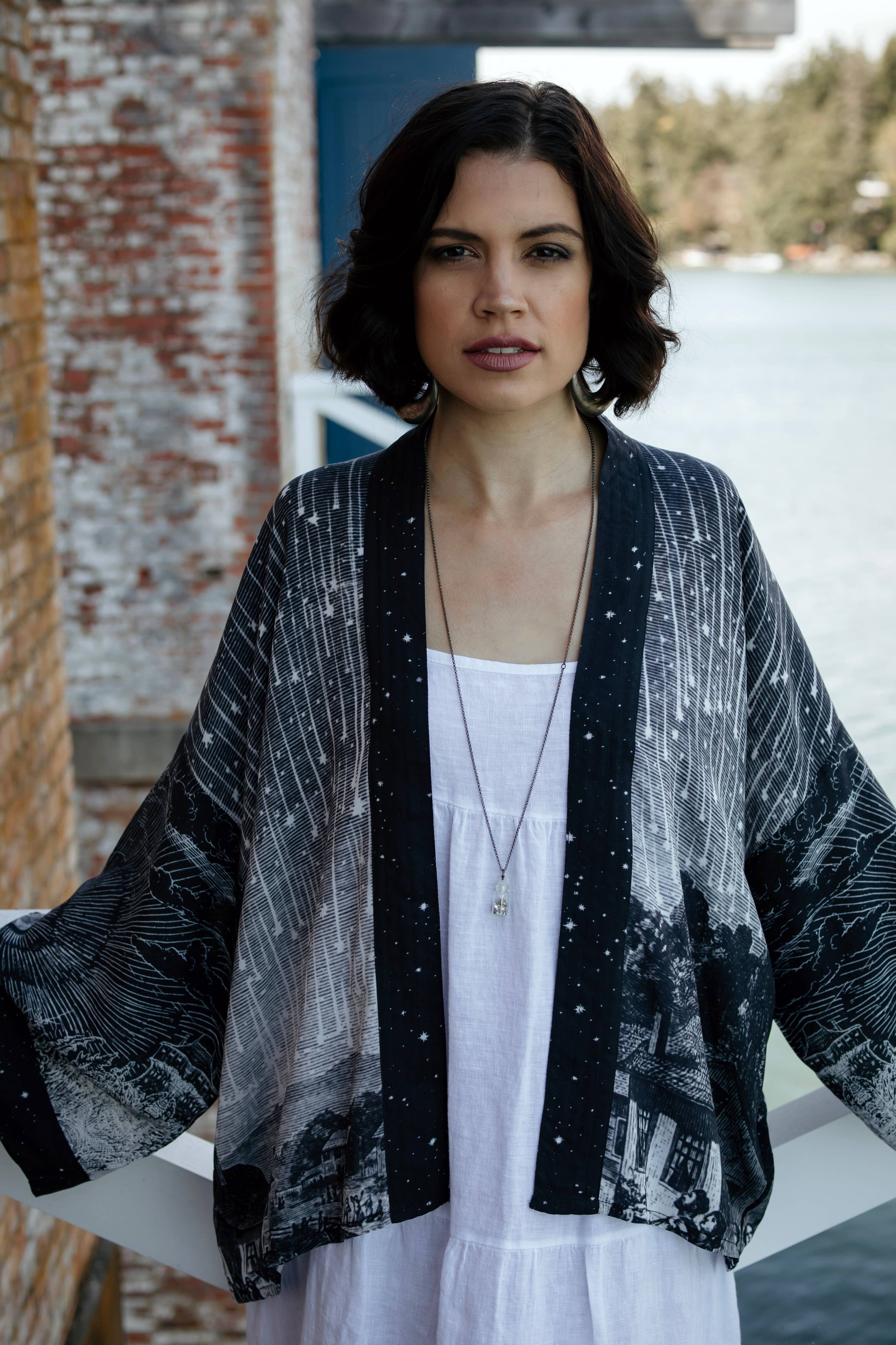 Market of Stars - Stargazer Cropped Bamboo Kimono Cardigan with Falling Stars