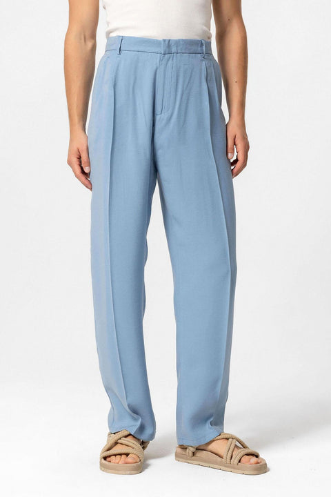 Men's Blue High-Waist Pleated Baggy Pants - Wessi