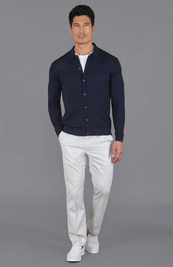 Mens Extra Fine Merino Wool Polo Cardigan
