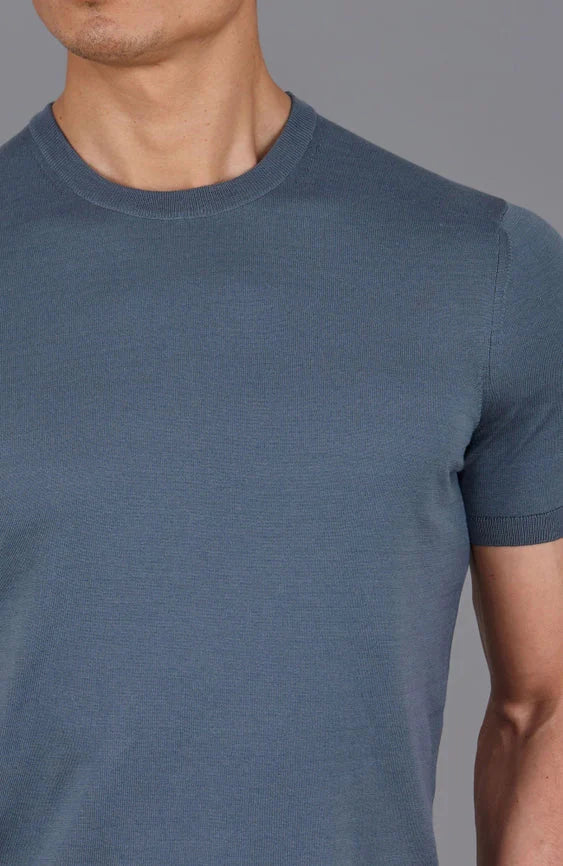 Mens Superfine Mercerised Cotton Knitted T-Shirt Steel Blue