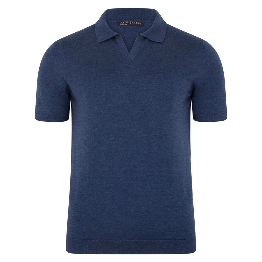 Mens Superfine Merino Silk Buttonless Polo Shirt  Slate Blue