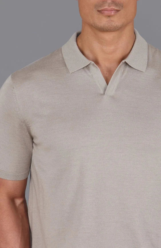 Mens Superfine Merino Silk Buttonless Polo Shirt Taupe