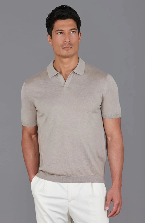 Mens Superfine Merino Silk Buttonless Polo Shirt Taupe