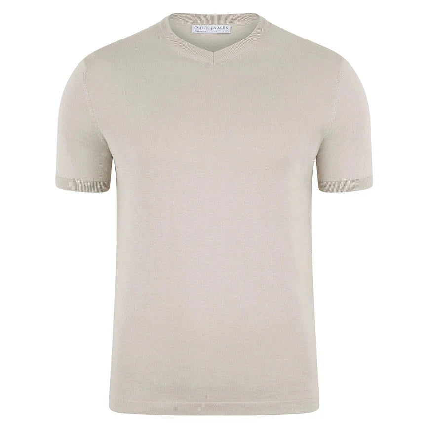 Mens Ultra Fine Cotton High V Neck Knitted T-Shirt  Birch