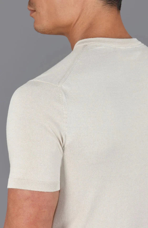 Mens Ultra Fine Cotton High V Neck Knitted T-Shirt  Birch
