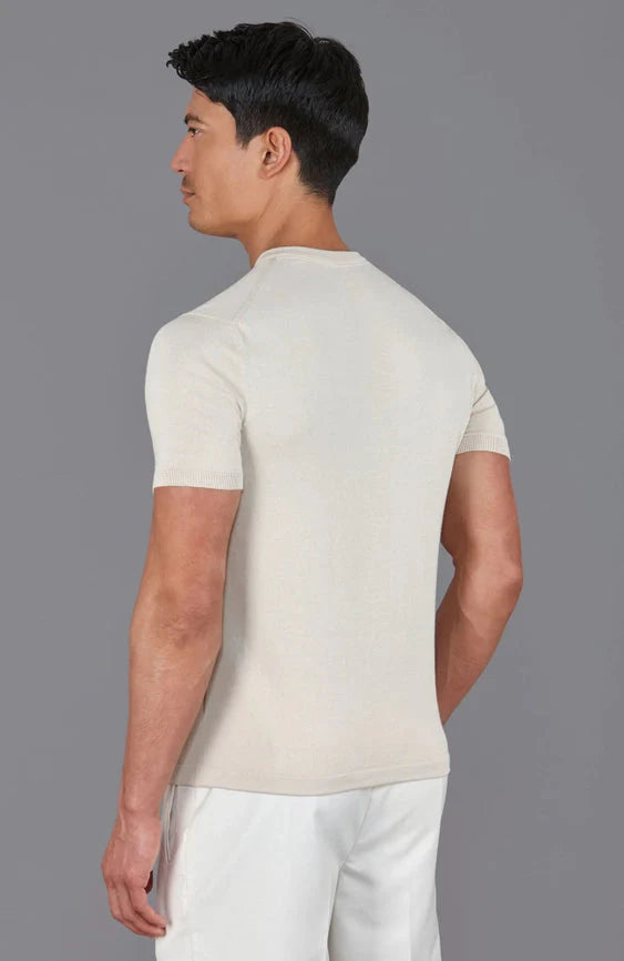 Mens Ultra Fine Cotton High V Neck Knitted T-Shirt  Birch