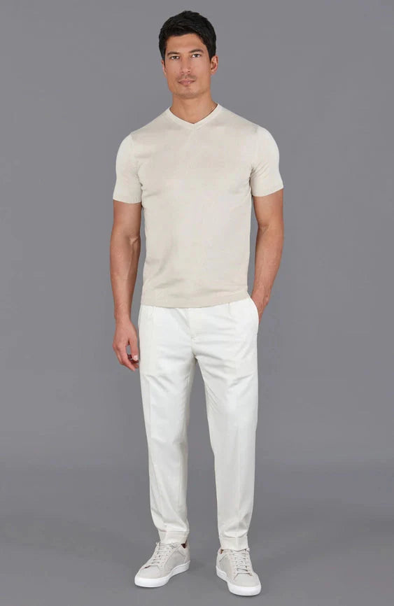 Mens Ultra Fine Cotton High V Neck Knitted T-Shirt  Birch