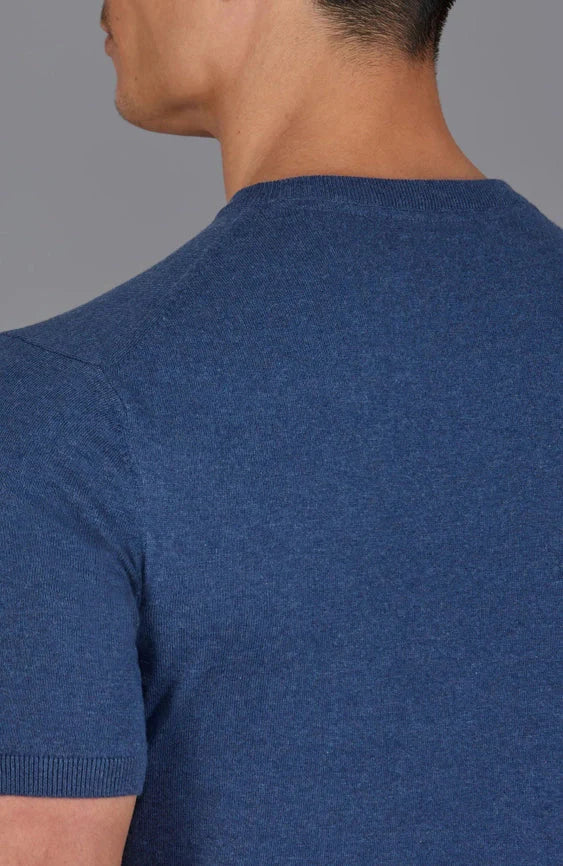 Mens Ultra Fine Cotton High V Neck Knitted T-Shirt Blue Melange