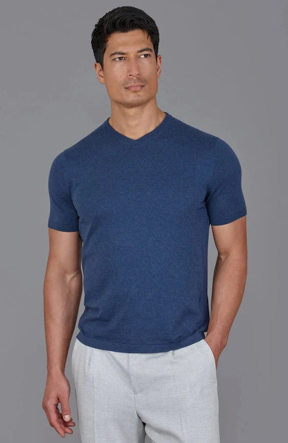 Mens Ultra Fine Cotton High V Neck Knitted T-Shirt Blue Melange