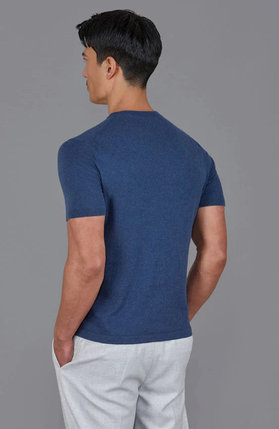 Mens Ultra Fine Cotton High V Neck Knitted T-Shirt Blue Melange