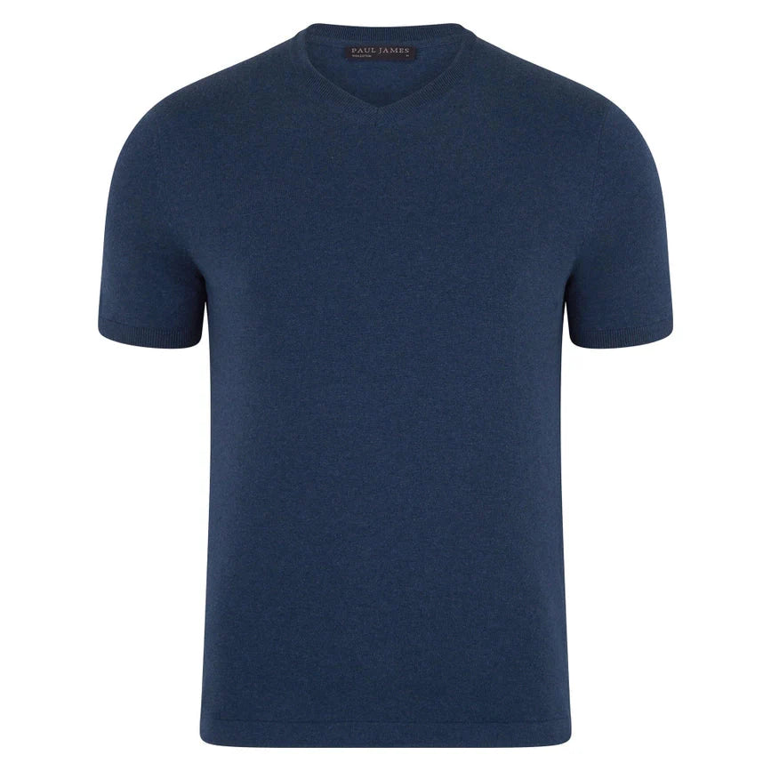 Mens Ultra Fine Cotton High V Neck Knitted T-Shirt Blue Melange