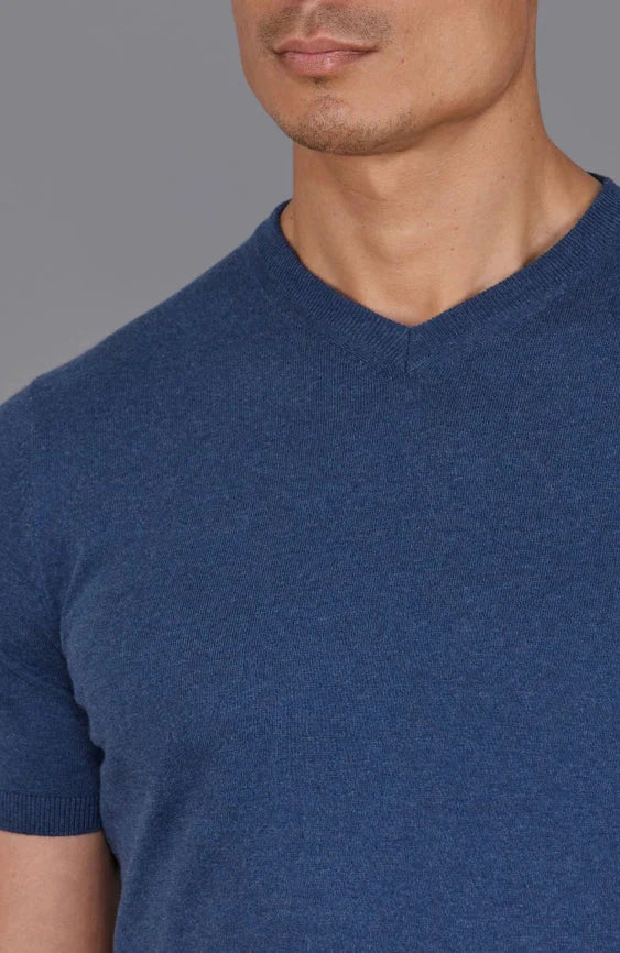 Mens Ultra Fine Cotton High V Neck Knitted T-Shirt Blue Melange