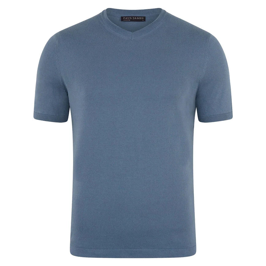 Mens Ultra Fine Cotton High V Neck Knitted T-Shirt Bluestone