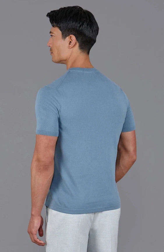 Mens Ultra Fine Cotton High V Neck Knitted T-Shirt Bluestone