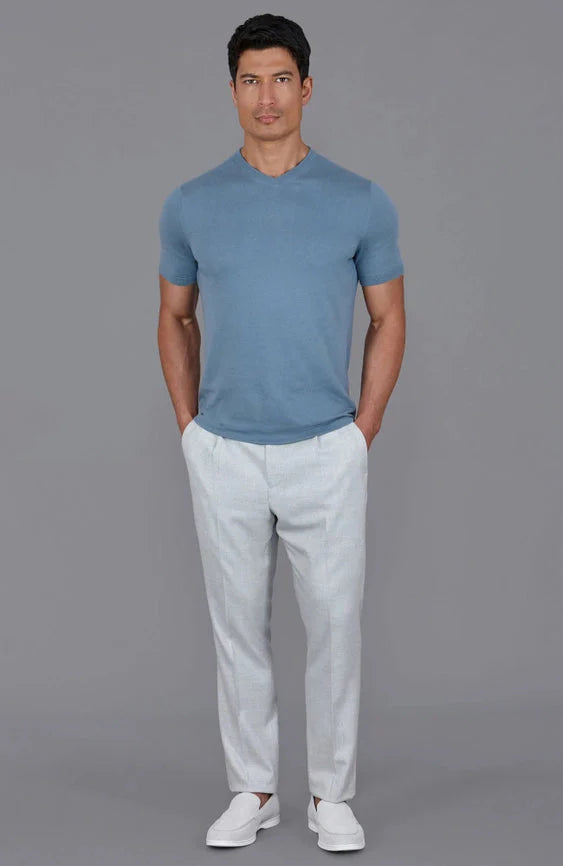 Mens Ultra Fine Cotton High V Neck Knitted T-Shirt Bluestone