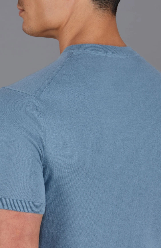 Mens Ultra Fine Cotton High V Neck Knitted T-Shirt Bluestone