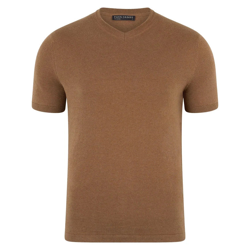 Mens Ultra Fine Cotton High V Neck Knitted T-Shirt Camel