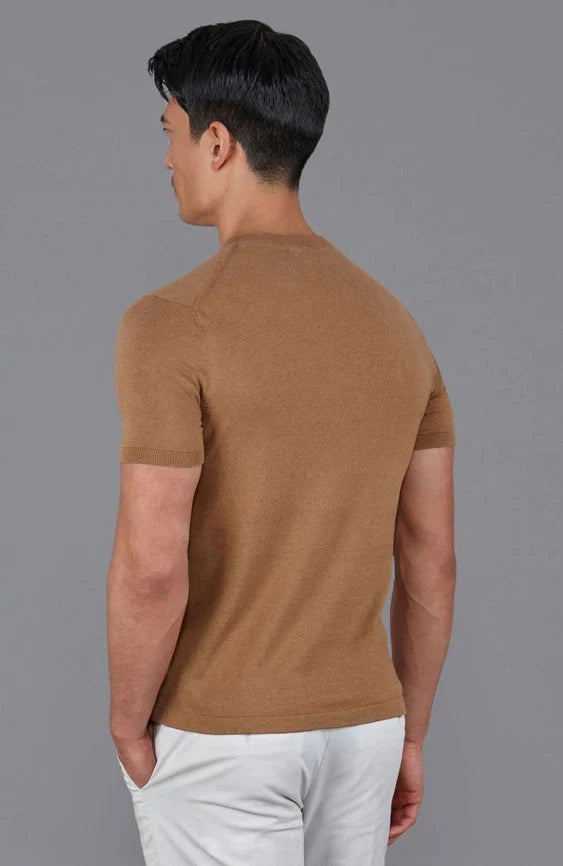 Mens Ultra Fine Cotton High V Neck Knitted T-Shirt Camel