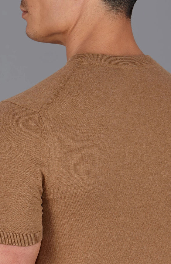 Mens Ultra Fine Cotton High V Neck Knitted T-Shirt Camel