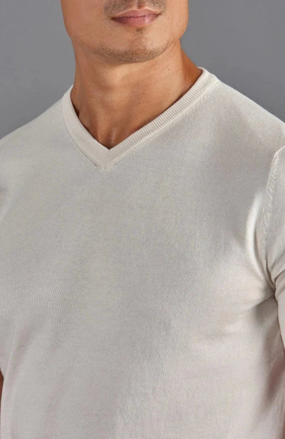 Mens Ultra Fine Cotton High V Neck Knitted T-Shirt Ecru