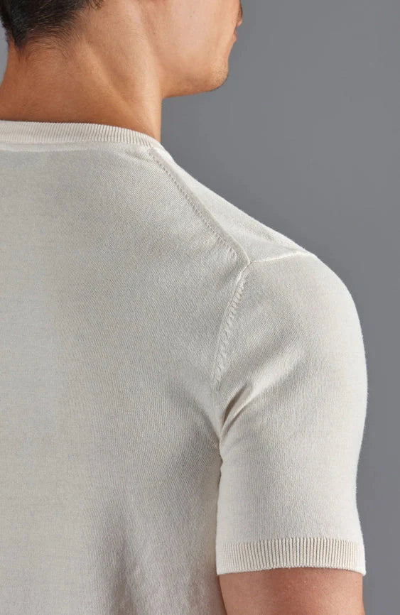 Mens Ultra Fine Cotton High V Neck Knitted T-Shirt Ecru