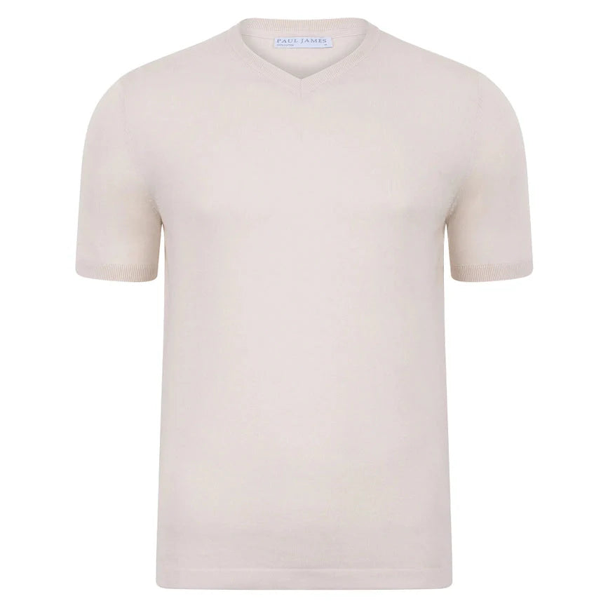 Mens Ultra Fine Cotton High V Neck Knitted T-Shirt Ecru