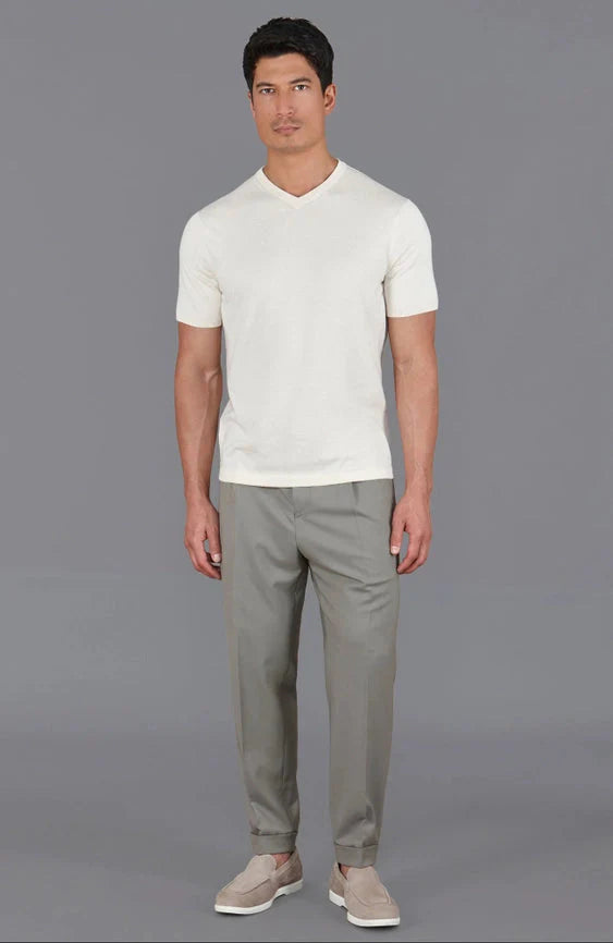 Mens Ultra Fine Cotton High V Neck Knitted T-Shirt Ecru
