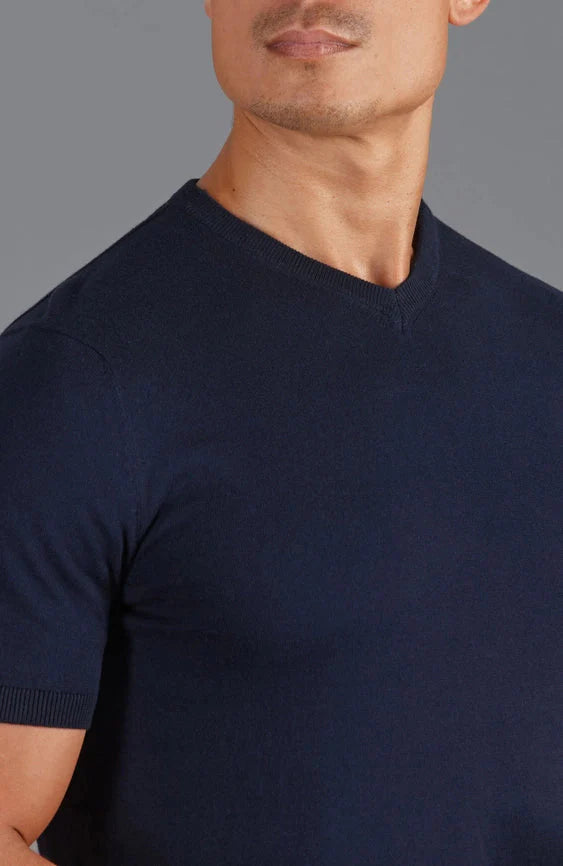 Mens Ultra Fine Cotton High V Neck Knitted T-Shirt Navy