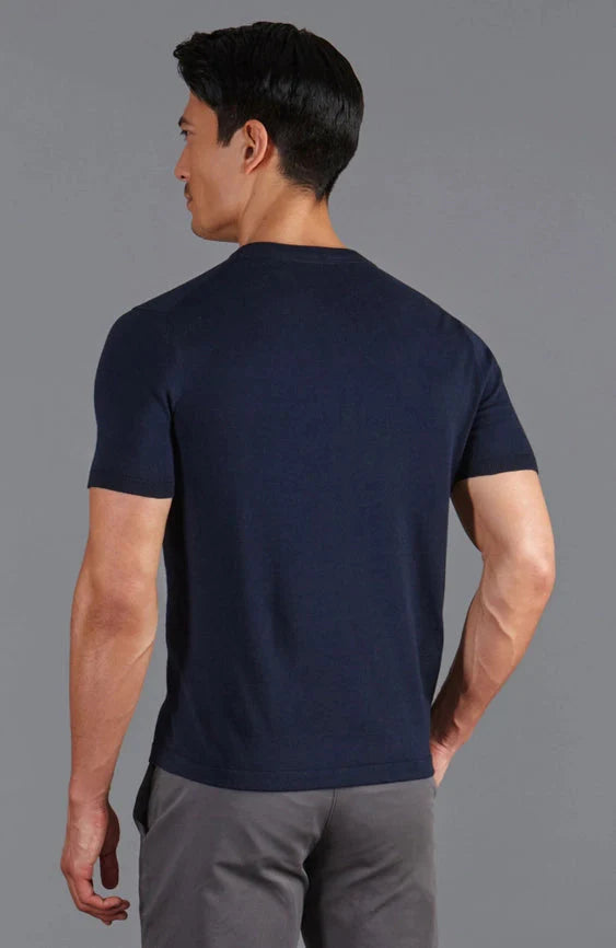 Mens Ultra Fine Cotton High V Neck Knitted T-Shirt Navy