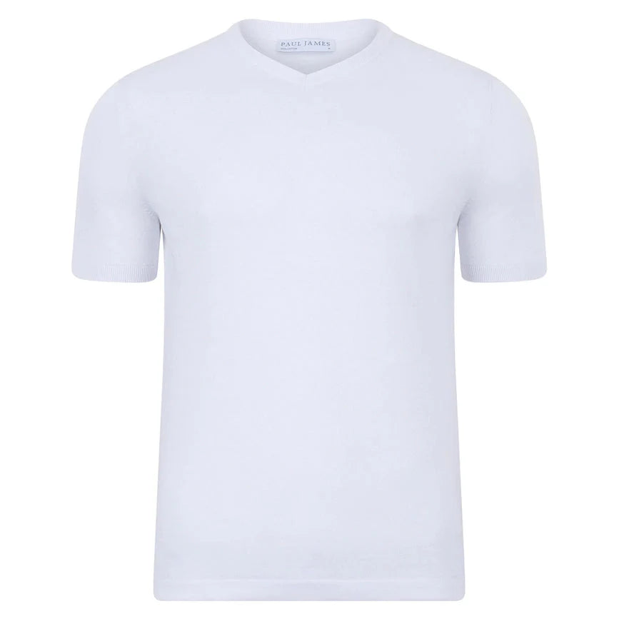 Mens Ultra Fine Cotton High V Neck Knitted T-Shirt White
