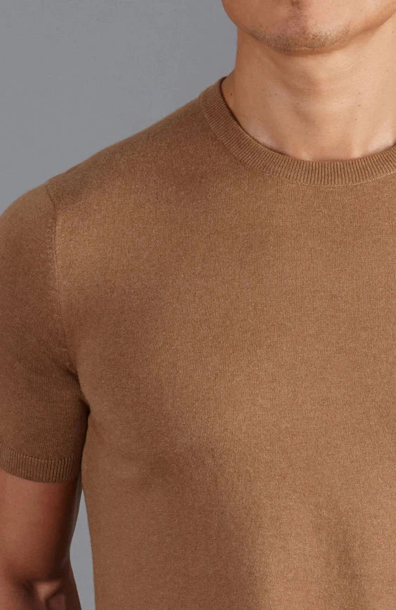 Mens Ultra Fine Cotton Knitted T-Shirt Camel