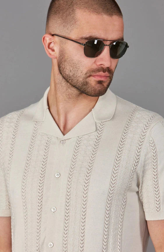 Mens Ultra Fine Cotton Open Knit Cuban Collar Shirt Ecru
