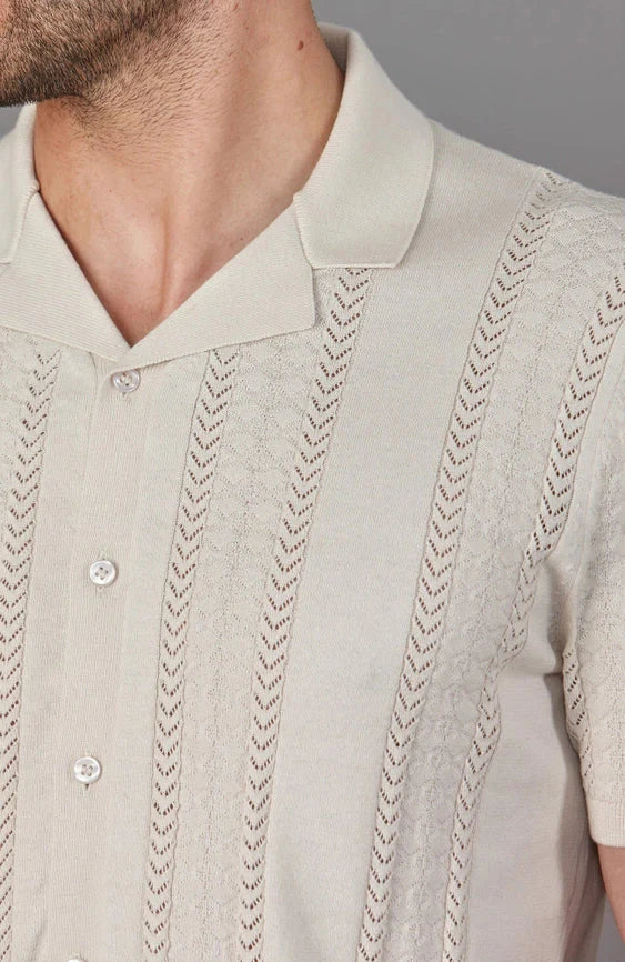 Mens Ultra Fine Cotton Open Knit Cuban Collar Shirt Ecru