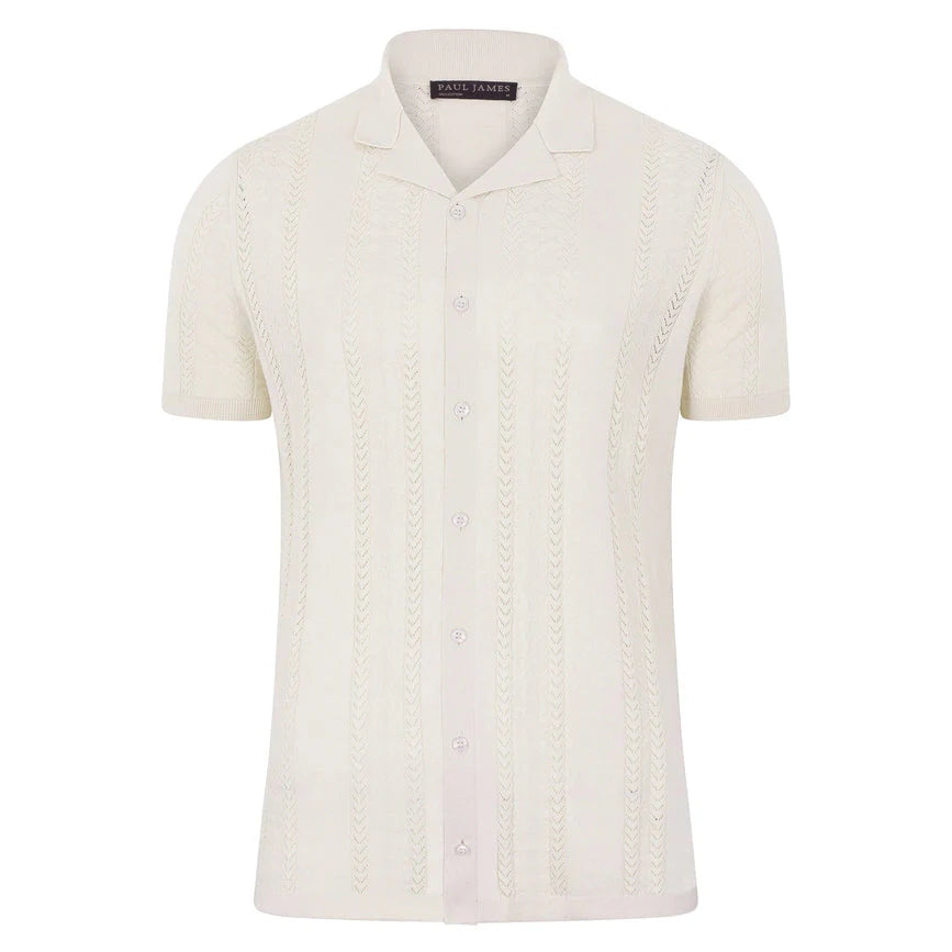 Mens Ultra Fine Cotton Open Knit Cuban Collar Shirt Ecru