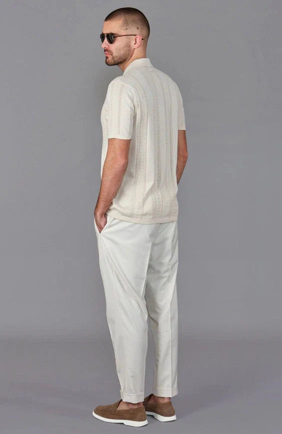 Mens Ultra Fine Cotton Open Knit Cuban Collar Shirt Ecru