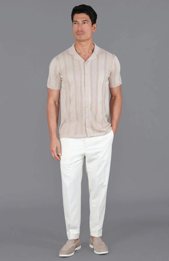 Mens Ultra Fine Cotton Open Knit Cuban Collar Shirt Linen