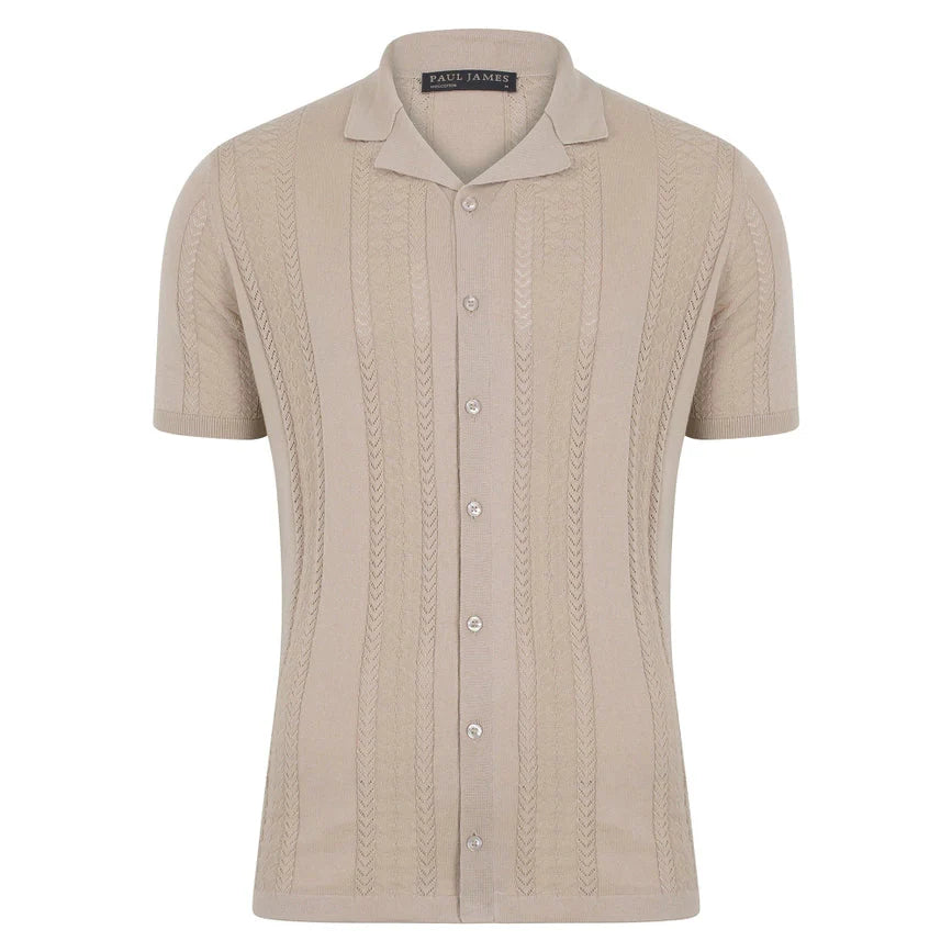 Mens Ultra Fine Cotton Open Knit Cuban Collar Shirt Linen