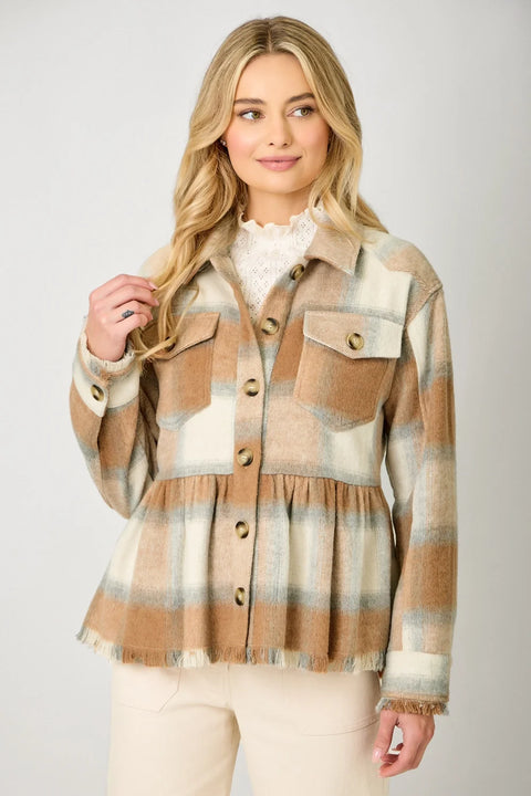 Peplum Fringe Plaid Jacket - Latte