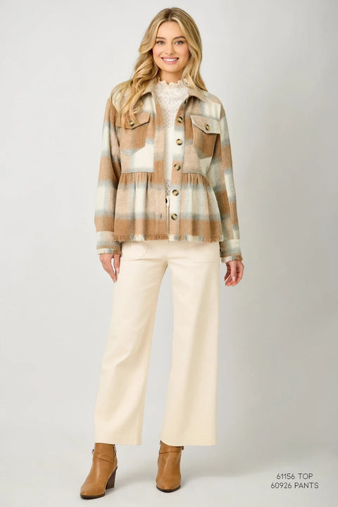 Peplum Fringe Plaid Jacket - Latte