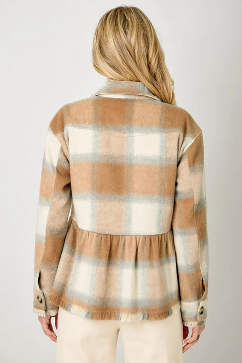 Peplum Fringe Plaid Jacket - Latte