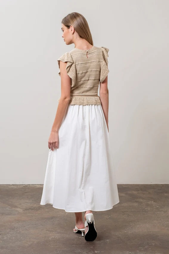 Mix Media Ruffle Detail Short Sleeve Midi Dress KHAKI
