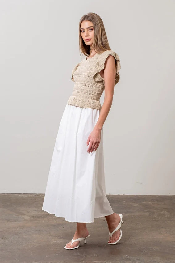 Mix Media Ruffle Detail Short Sleeve Midi Dress KHAKI