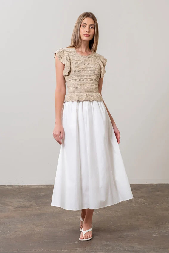Mix Media Ruffle Detail Short Sleeve Midi Dress KHAKI