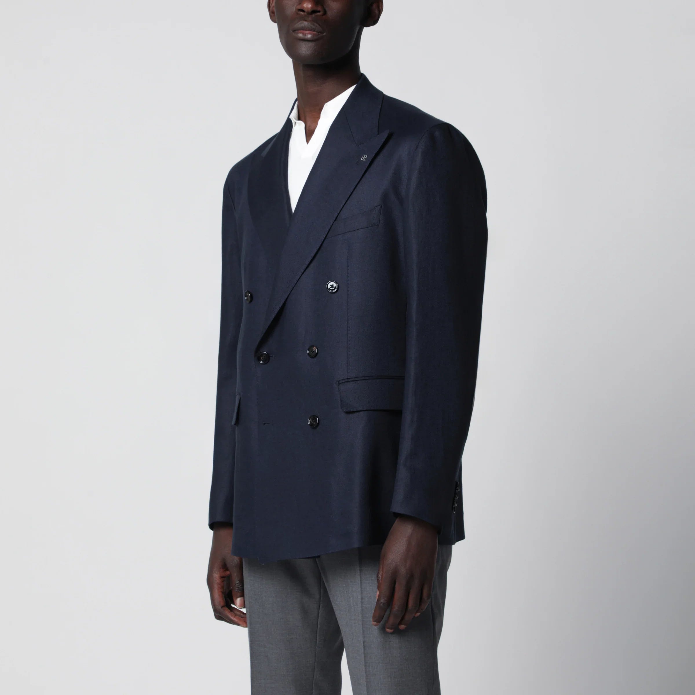 Navy Linen Double-Breasted Summer Jacket Breathable Comfort