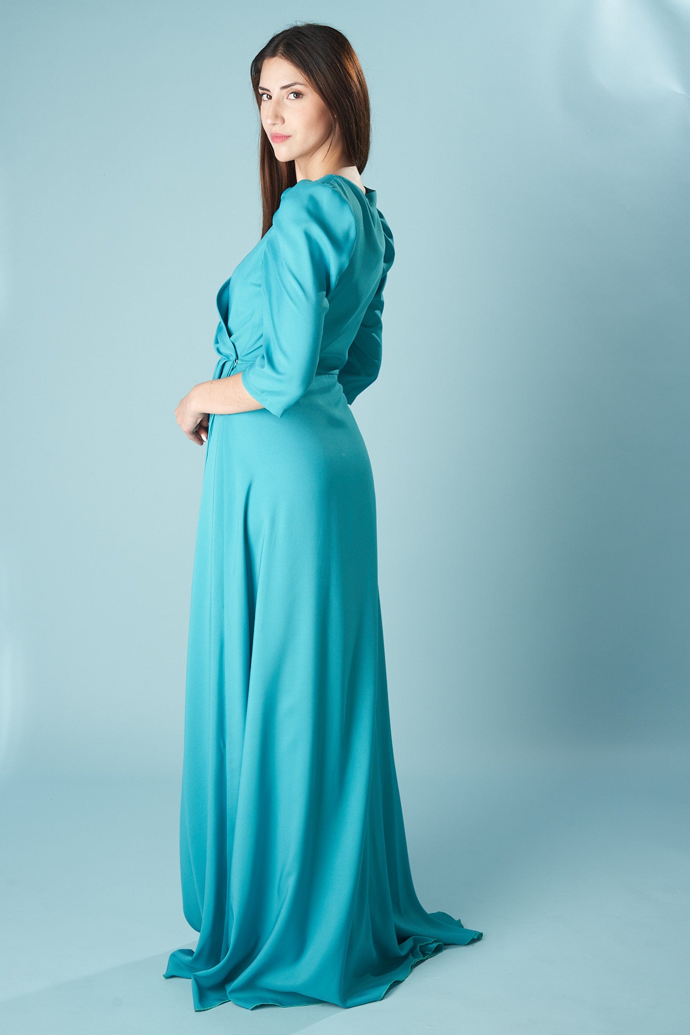 Olite Long Dress with Deep V Neck and Front Slit