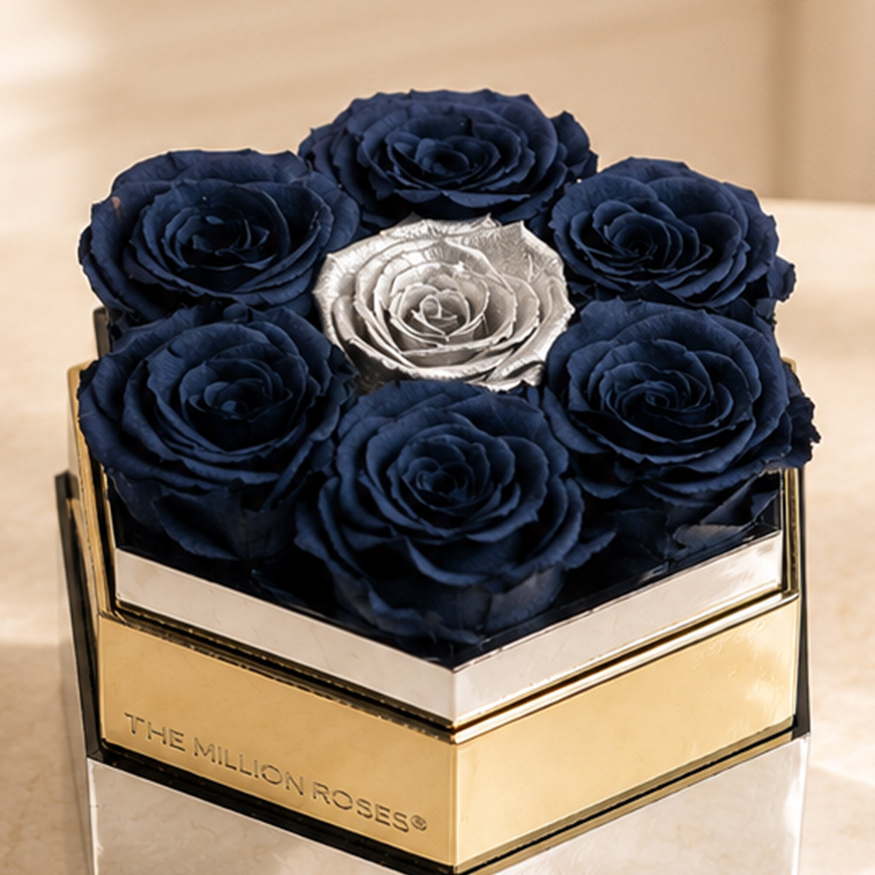 One in a Million™ Mirror Silver Hexagon Box | Smoky Blue & Silver Roses
