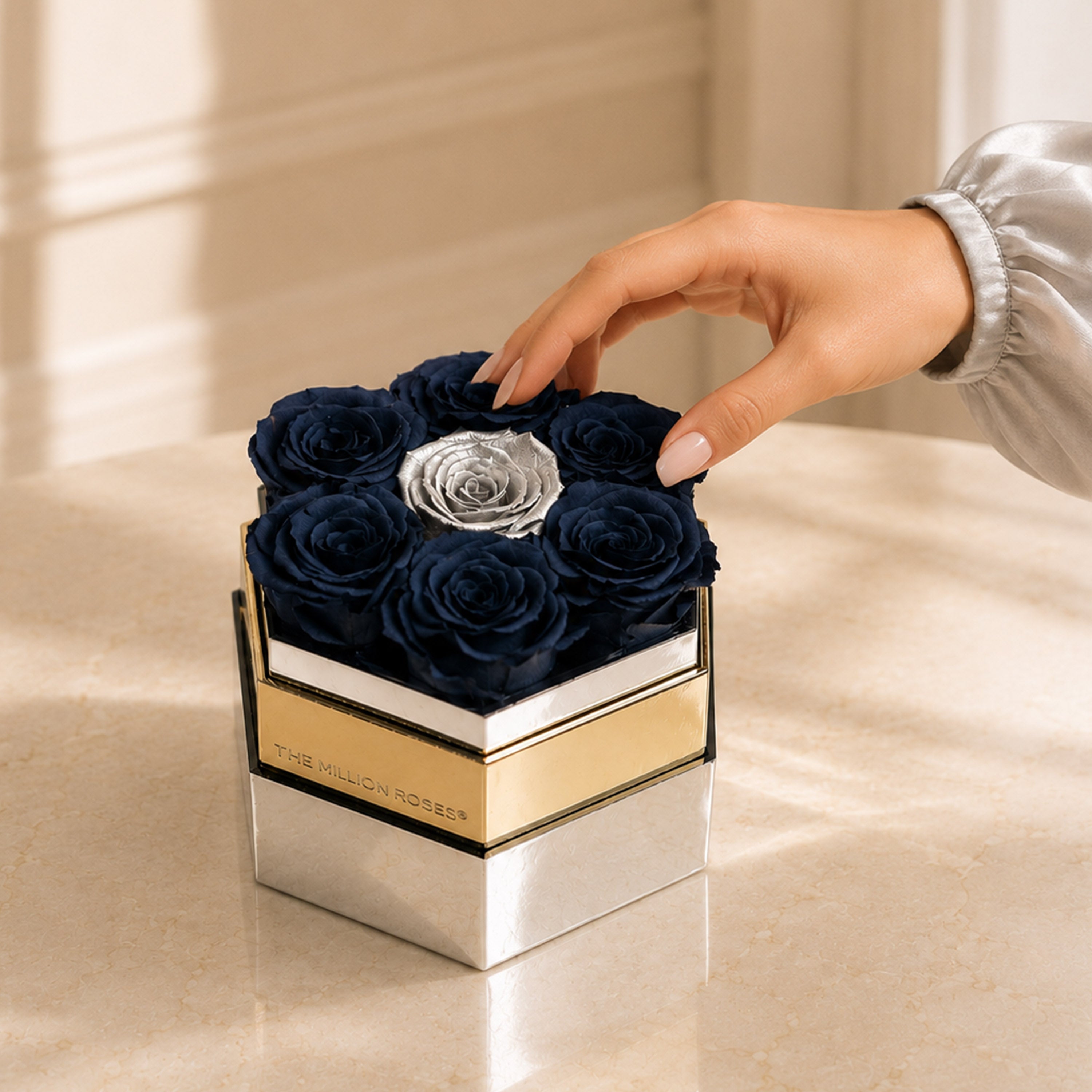 One in a Million™ Mirror Silver Hexagon Box | Smoky Blue & Silver Roses