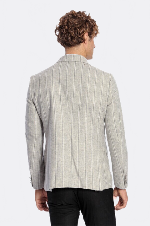 Wide Lapel Striped Double Breasted Grey Men Blazer - Wessi