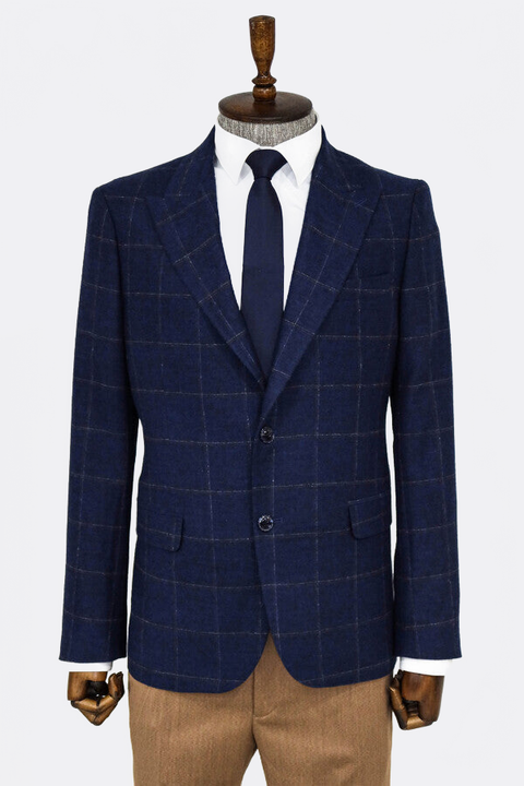 Plaid Wool Navy Blue Men Blazer - Wessi