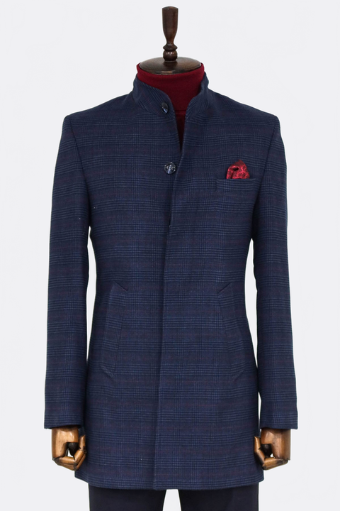 Standing Collar Checked Navy Blue Men Coat - Wessi